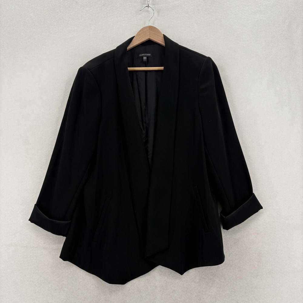 Eileen Fisher Blazer Womens Large Black Shawl Collar Open Front Jacket Crepe